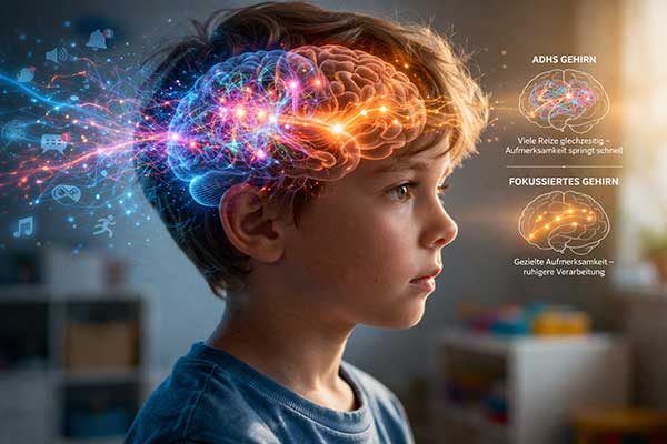 Darstellung wie das Gehirn bei ADHS Reize verarbeitet und Aufmerksamkeit steuert