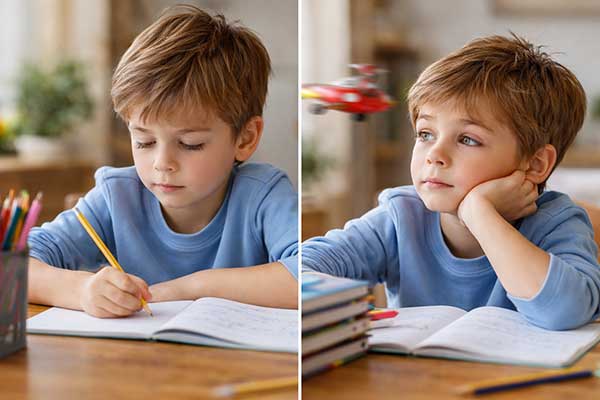 Kind konzentriert sich beim Lernen und wird im nächsten Moment abgelenkt typisch für Aufmerksamkeit bei ADHS Kindern