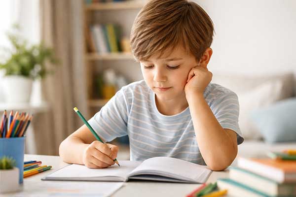 Kind mit ADHS konzentriert sich ruhig beim Lernen