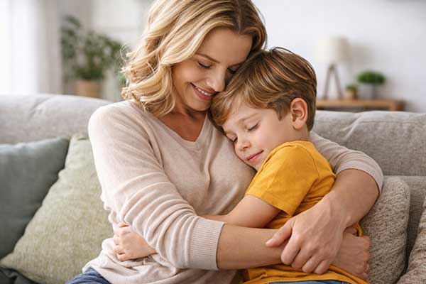 Mutter umarmt ihr Kind liebevoll auf dem Sofa – emotionale Sicherheit unterstützt ADHS Kinder im Alltag