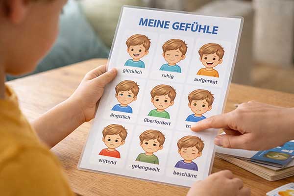Kind betrachtet Gefühle-Karte mit Unterstützung eines Erwachsenen – ADHS Kinder verstehen Emotionen und Aufmerksamkeit besser steuern