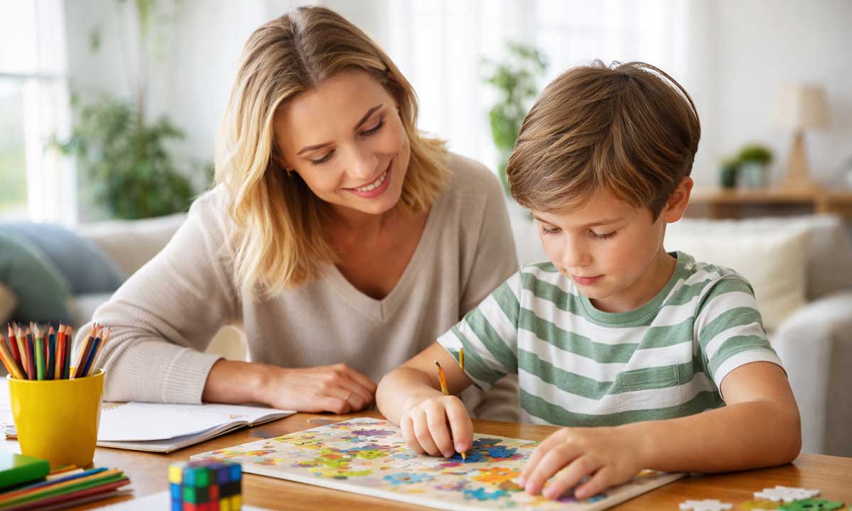 ADHS Kind konzentriert sich auf ein Puzzle zusammen mit der Mutter – Konzentration spielerisch fördern ohne Bildschirm