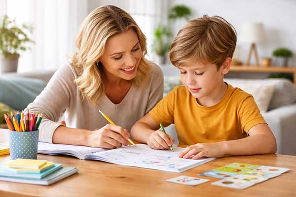 Mutter unterstützt ihr Kind beim Lernen am Tisch – ADHS Kinder fördern durch spielerische Aufgaben zu Hause