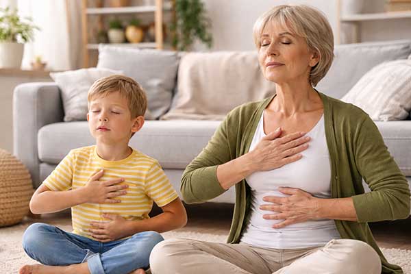 Großmutter zeigt ihrem Enkel eine ruhige Atemübung zur Entspannung und Konzentration im Wohnzimmer