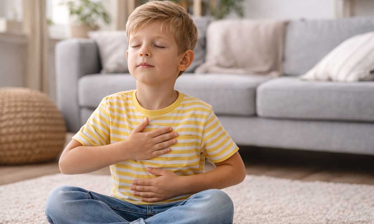 Kind sitzt ruhig auf dem Teppich und macht eine einfache Atemübung zur Entspannung und Konzentration