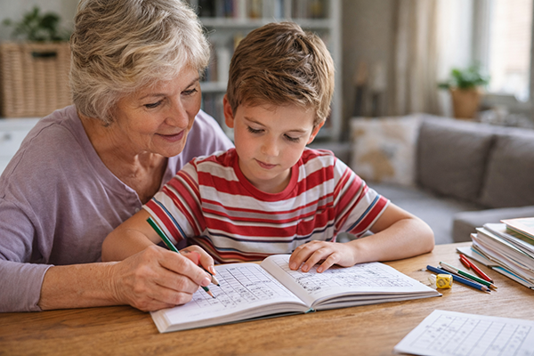 Großmutter löst mit ihrem Enkel ein Sudoku und Rätsel als bildschirmfreie Beschäftigung