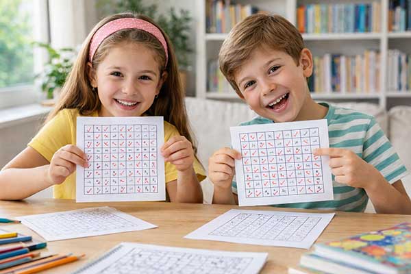 Kinder zeigen stolz ein gelöstes Rätsel und freuen sich über ihre erfolgreiche Lösung