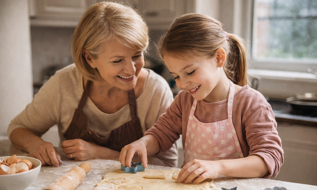Großmutter und Enkelkind backen gemeinsam Kekse in der Küche – ruhige Beschäftigung für Kinder an Regentagen