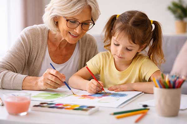 Großmutter malt gemeinsam mit ihrer Enkelin und hilft dem Kind, kreativ zu zeichnen und sich zu konzentrieren