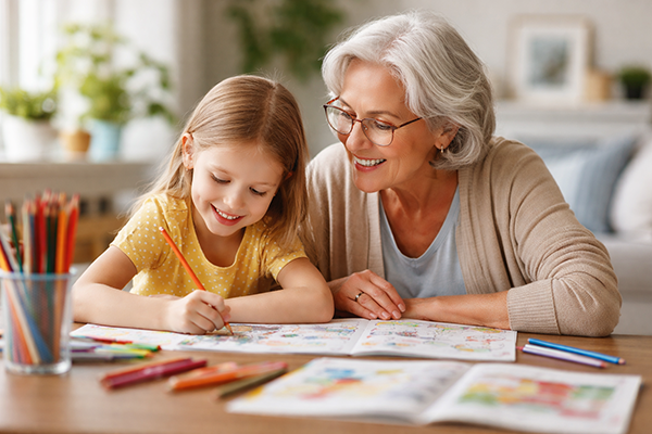 Großmutter und Enkelkind malen gemeinsam am Tisch – ruhige Beschäftigung für Kinder an Regentagen