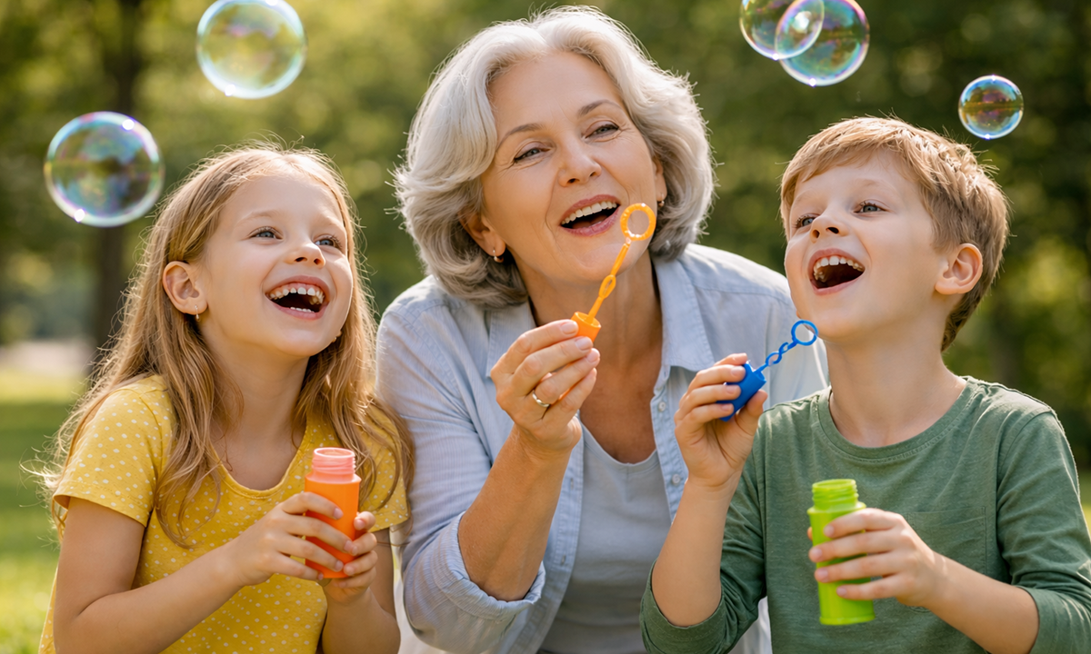 Großmutter und zwei Enkelkinder machen gemeinsam Seifenblasen im Park an einem sonnigen Tag