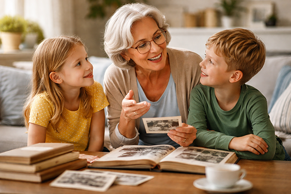 Großmutter erzählt ihren Enkelkindern alte Familiengeschichten und zeigt ihnen ein Fotoalbum