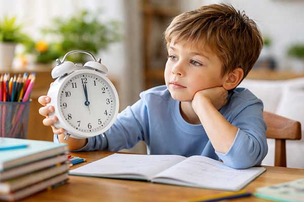 Kind schaut auf Uhr beim Lernen und zeigt typische Konzentrationsdauer bei Kindern im Alltag