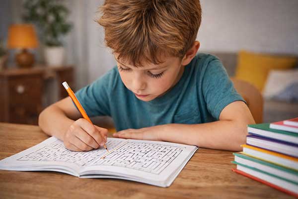 Kind konzentriert sich ruhig auf eine Aufgabe ohne Bildschirm und trainiert Aufmerksamkeit