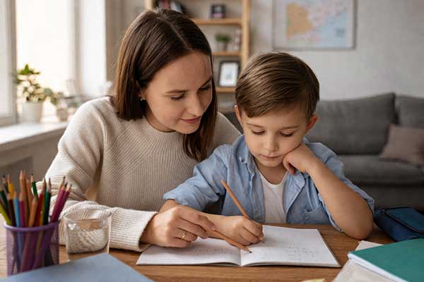Mutter hilft ihrem Kind ruhig bei den Hausaufgaben