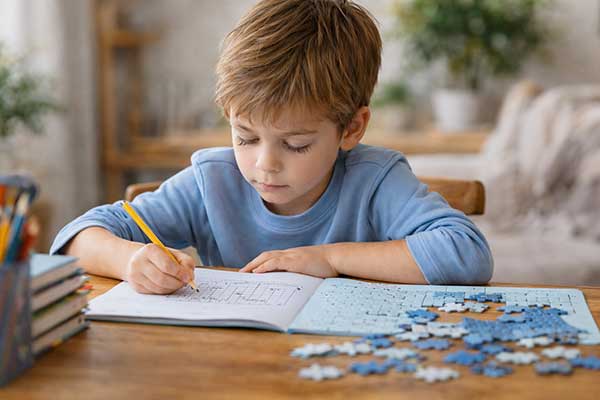 Kind löst Sudoku und Puzzle und trainiert spielerisch Konzentration und logisches Denken