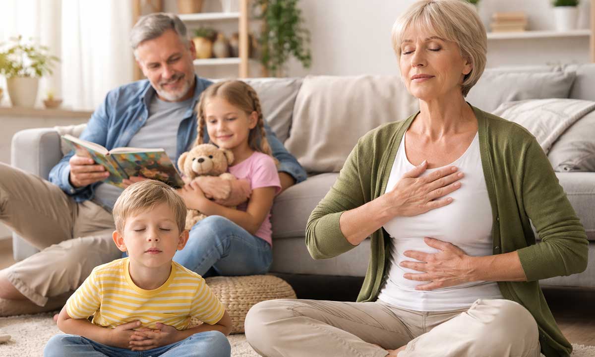 Großmutter macht eine ruhige Atemübung mit ihrem Enkelkind im Wohnzimmer, während Großvater der Enkelin eine Geschichte vorliest