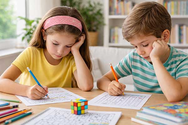 Kind löst konzentriert ein Rätsel und trainiert dabei seine Aufmerksamkeit