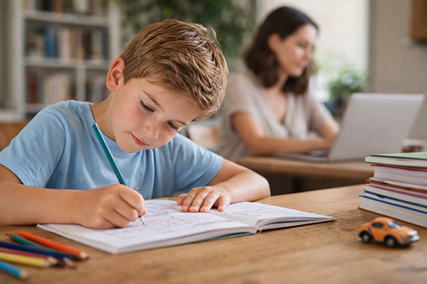 Kind konzentriert sich auf ein Rätsel und Sudoku am Tisch und trainiert logisches Denken