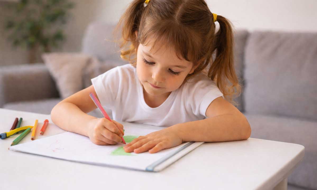 Kind malt ein Bild mit Buntstiften und konzentriert sich ruhig auf seine Zeichnung