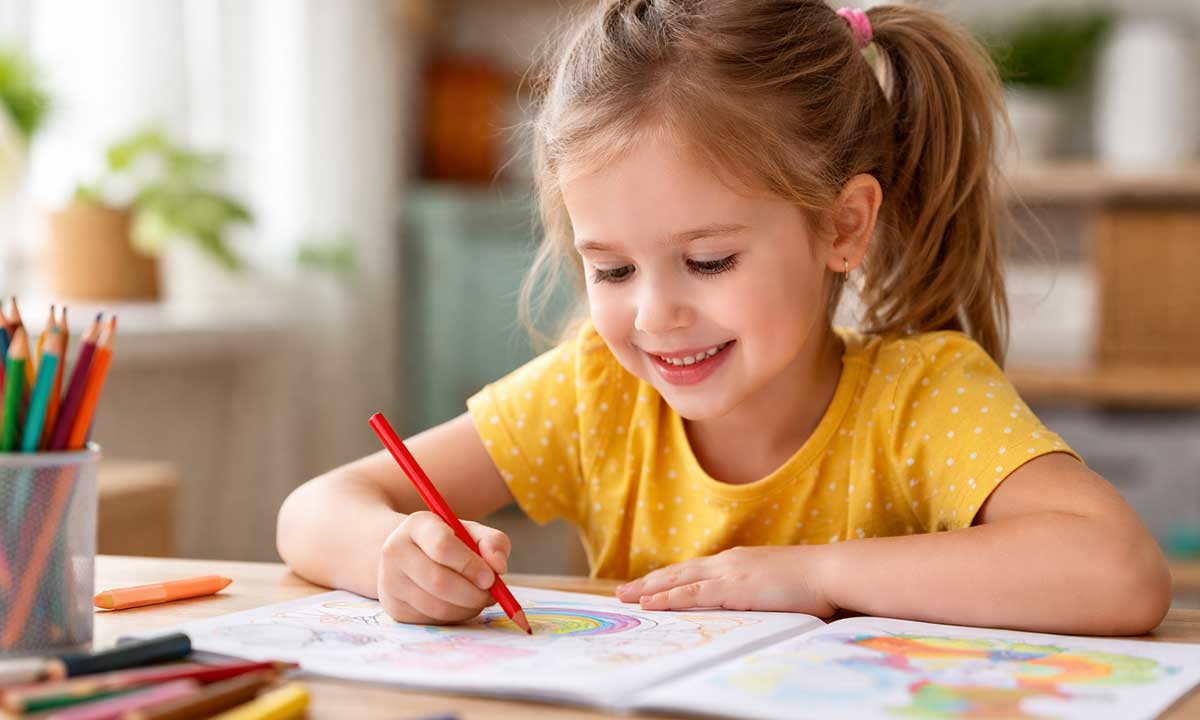 Kind malt konzentriert und fördert Gehirnentwicklung und Feinmotorik im Vorschulalter
