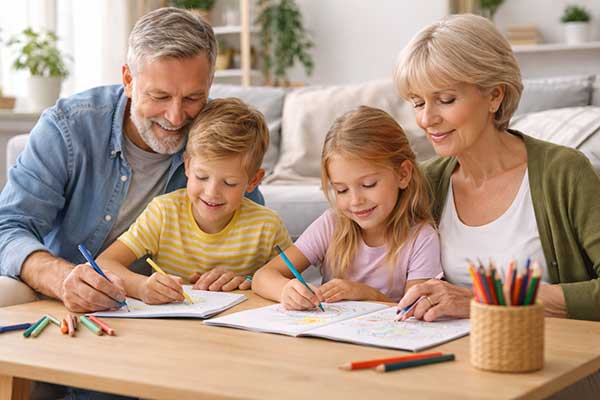 Großeltern malen gemeinsam mit ihren Enkelkindern am Tisch und fördern Kreativität und Konzentration der Kinder