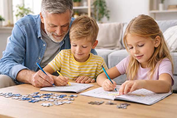 Großvater löst gemeinsam mit seinen Enkelkindern Rätsel am Tisch und fördert Konzentration und logisches Denken
