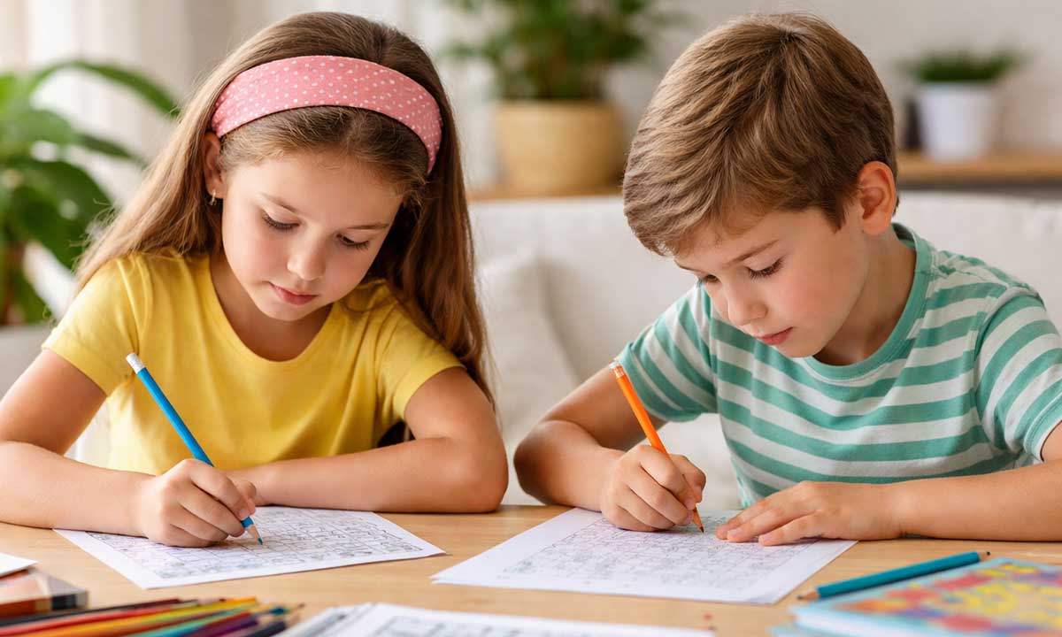 Kinder lösen gemeinsam Rätsel und trainieren dabei ihre Konzentration und ihr logisches Denken