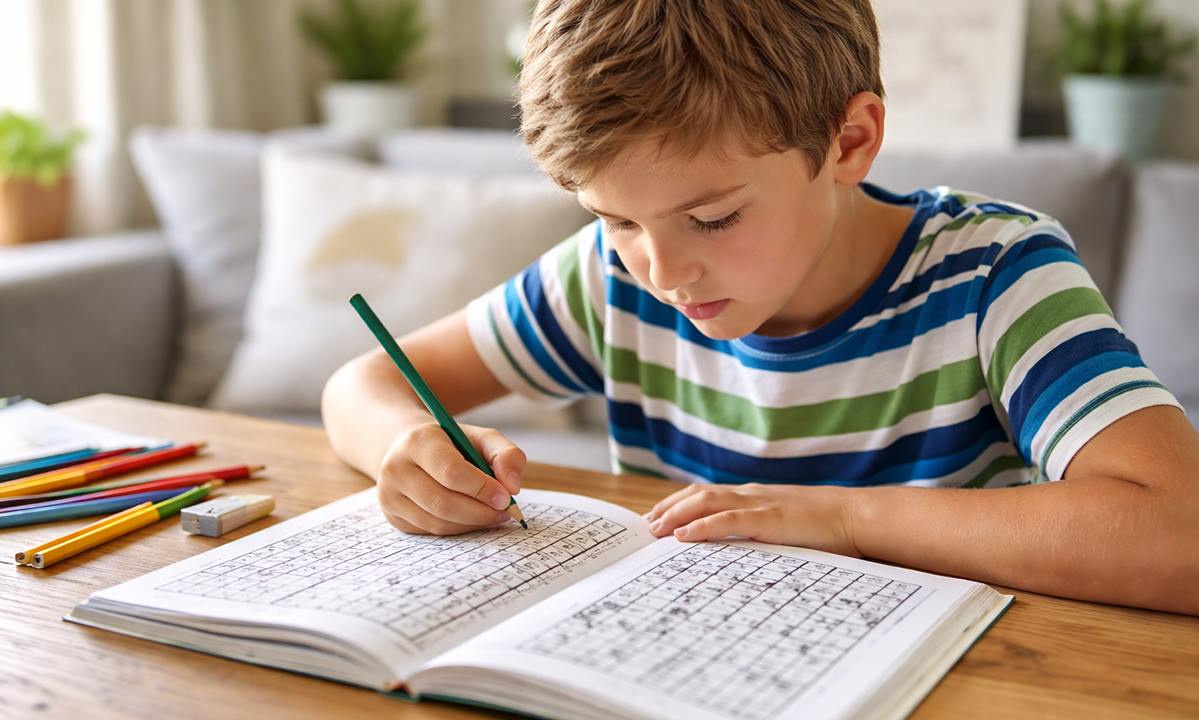 Kind löst konzentriert ein Sudoku und Rätsel am Tisch