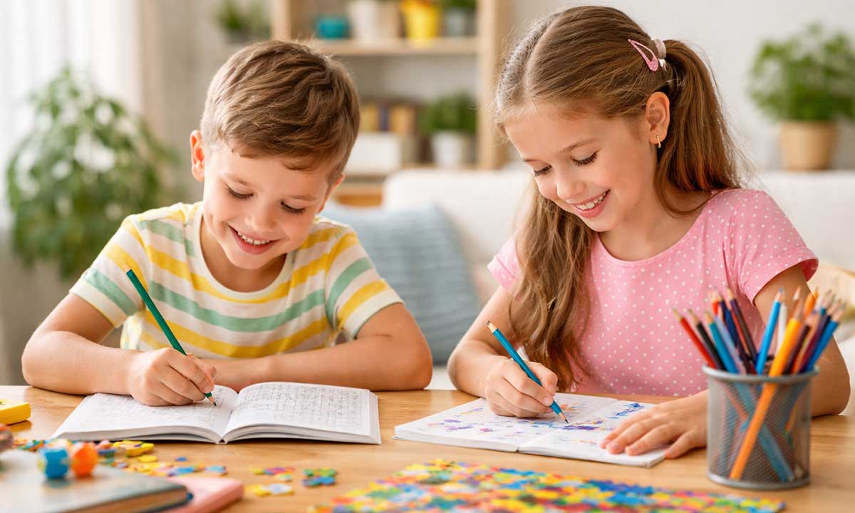 Kinder spielen ohne Bildschirm: Sudoku lösen und malen am Tisch – kreative und ruhige Beschäftigung für Kinder