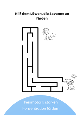 Innenansicht des ABC-Labyrinth-Buchs – Buchstabe L als Tier-Labyrinth mit Löwenmotiv zur Förderung von Feinmotorik und visueller Konzentration
