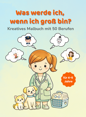Cover des Kinder-Malbuchs „Was werde ich, wenn ich groß bin?“ mit Illustration eines Kindes und verschiedenen Berufen, geeignet für Kinder von 4–6 Jahren