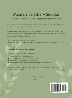 Rückseite des Sudoku-Buchs „Mentale Frische – Sudoku“ mit Beschreibung zu Entspannung, Fokus und sanftem Einstieg für Erwachsene