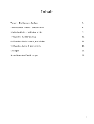 nhaltsübersicht des Sudoku-Buchs „Mentale Frische – Sudoku“ mit sanftem Einstieg, Schritt-für-Schritt-Erklärungen und Lösungen