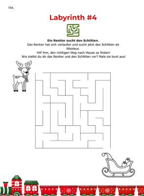 Weihnachtliches Labyrinth mit Rentier und Schlitten aus der Sudoku-Challenge für Kinder von 8–12 Jahren