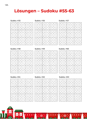 Beispiel einer Lösungsseite aus der weihnachtlichen Sudoku-Challenge mit mehreren Sudoku-Lösungen für Kinder von 8–12 Jahren