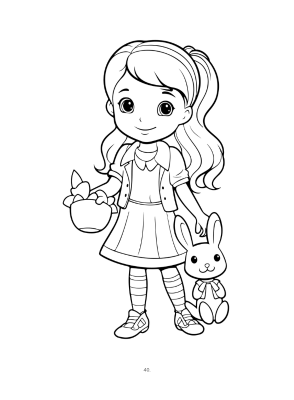 Spring girl with basket and bunny coloring book interior page – Easter-themed children’s coloring book for ages 3–6