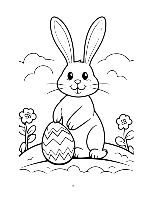 Easter bunny coloring book interior page with decorated Easter egg and spring flowers – children’s Easter activity book for ages 3–6