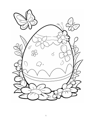 Easter egg coloring page for kids featuring a decorated egg with flowers and butterflies, black and white line art, easy to color and suitable for children ages 4 and up
