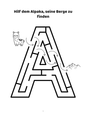 Innenansicht des ABC-Labyrinth-Buchs – Buchstabe A als Labyrinth mit Alpaka-Motiv zur Förderung von Feinmotorik und Konzentration