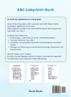 Rückseite des ABC-Labyrinth-Buchs mit Beschreibung und Inhaltsübersicht – Lernbuch für Kinder von 3–6 Jahren mit Buchstaben-Labyrinthen von A bis Z