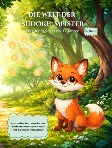 Cover des Kinderbuchs „Die Welt der Sudoku-Meister“ mit Fuchsfigur, Sudoku-Rätseln und begleitender Geschichte für Kinder von 8 bis 12 Jahren
