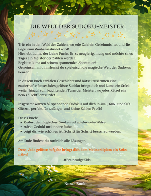 Rückseite des Kinderbuchs „Die Welt der Sudoku-Meister“ mit Beschreibung der Geschichte, Sudoku-Rätsel und Lernziele für Kinder von 8–12 Jahren