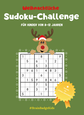 Cover des Kinderbuchs „Weihnachtliche Sudoku-Challenge“ mit Rentier-Motiv für Kinder von 8–12 Jahren
